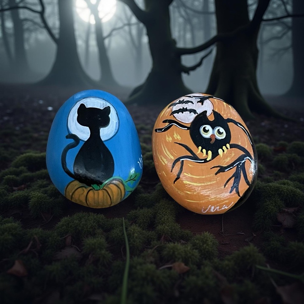 Hand crafted painted Halloween rocks black cat owl pumpkin bats moon set of two - Picture 12 of 13